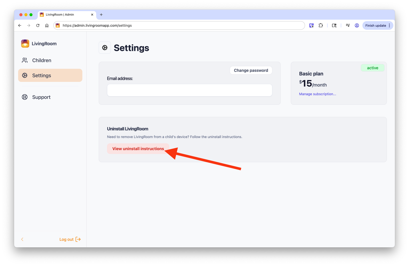 The uninstall tool can be downloaded from the settings page in your LivingRoom dashboard