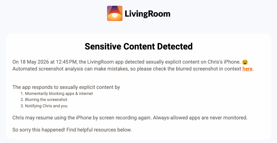 LivingRoom's email alert for sexually explicit content detection